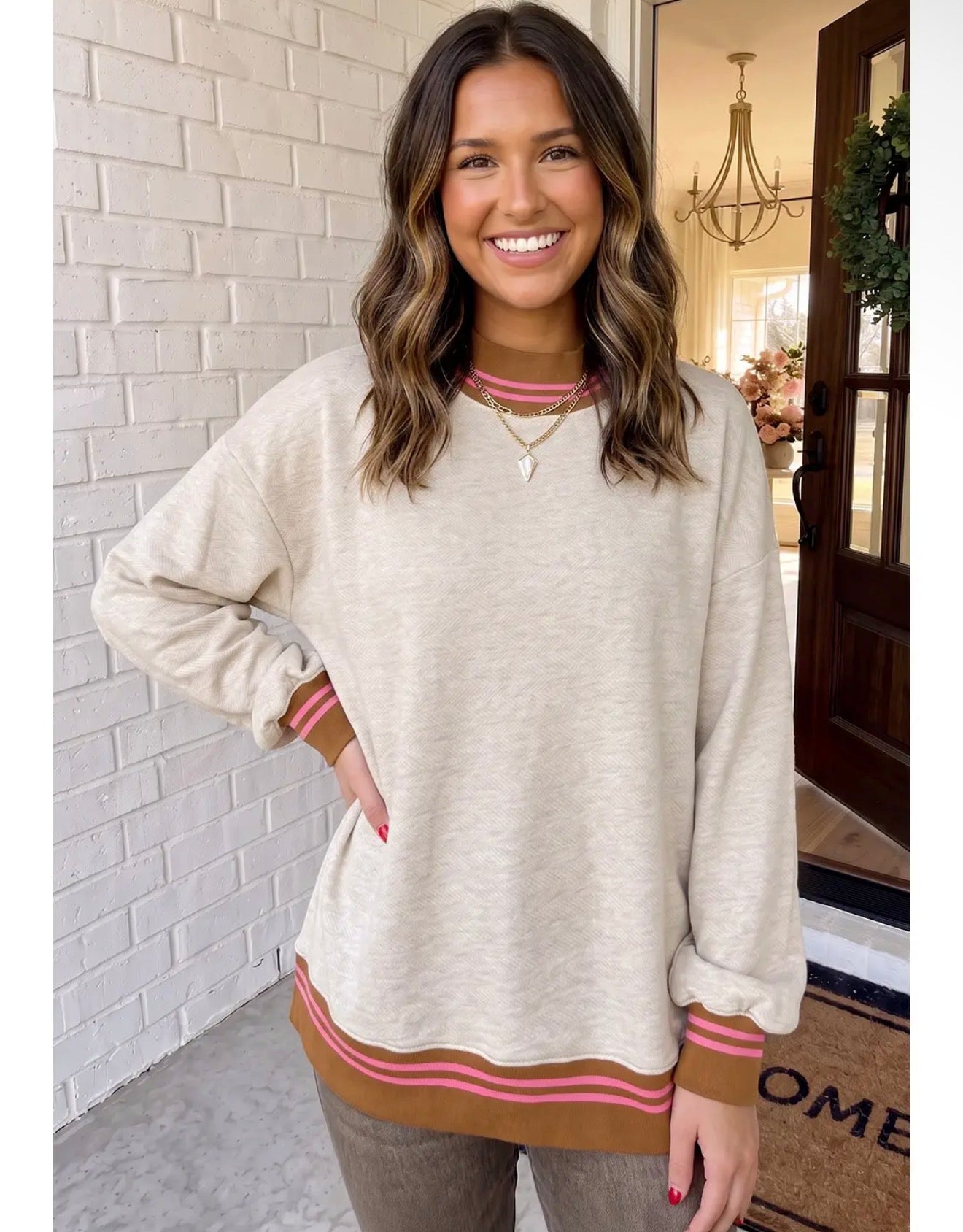 Ribbed Collar Long Sleeve Sweatshirt