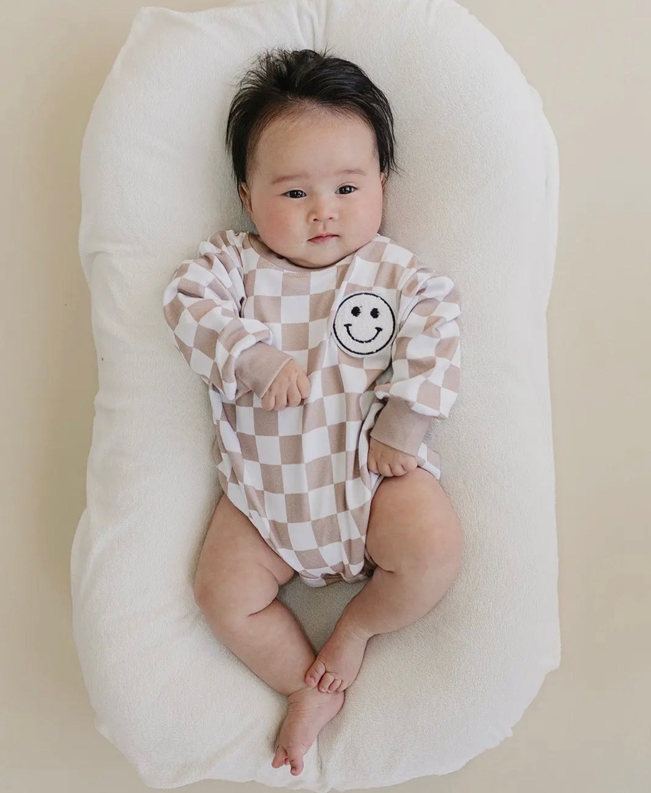 Checkered Bubble Romper | Latte