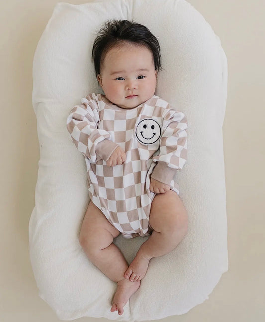 Checkered Bubble Romper | Latte